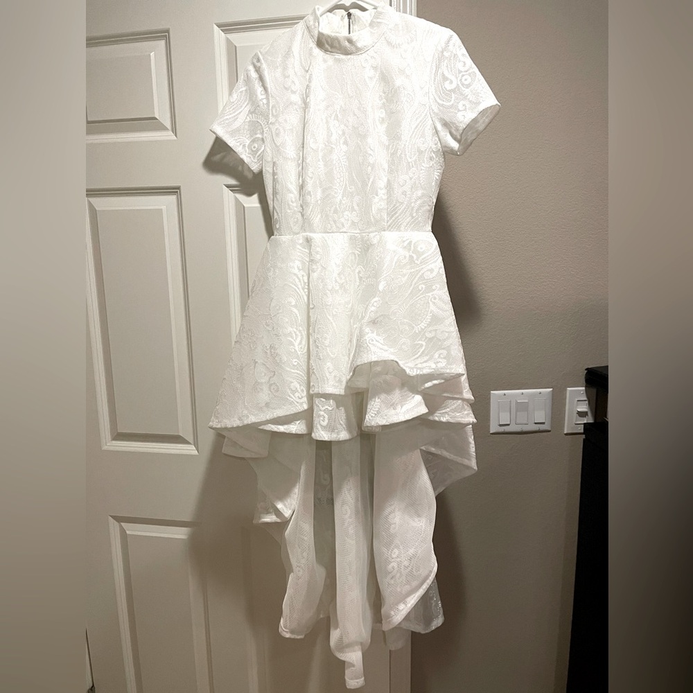 White Asymmetrical Mini Dress with High Neck